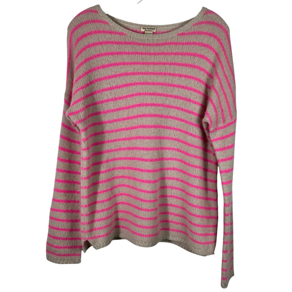 New Scotland 100% Cashmere Pink Beige Striped Relaxed Fit Sweater Knit Medium M
